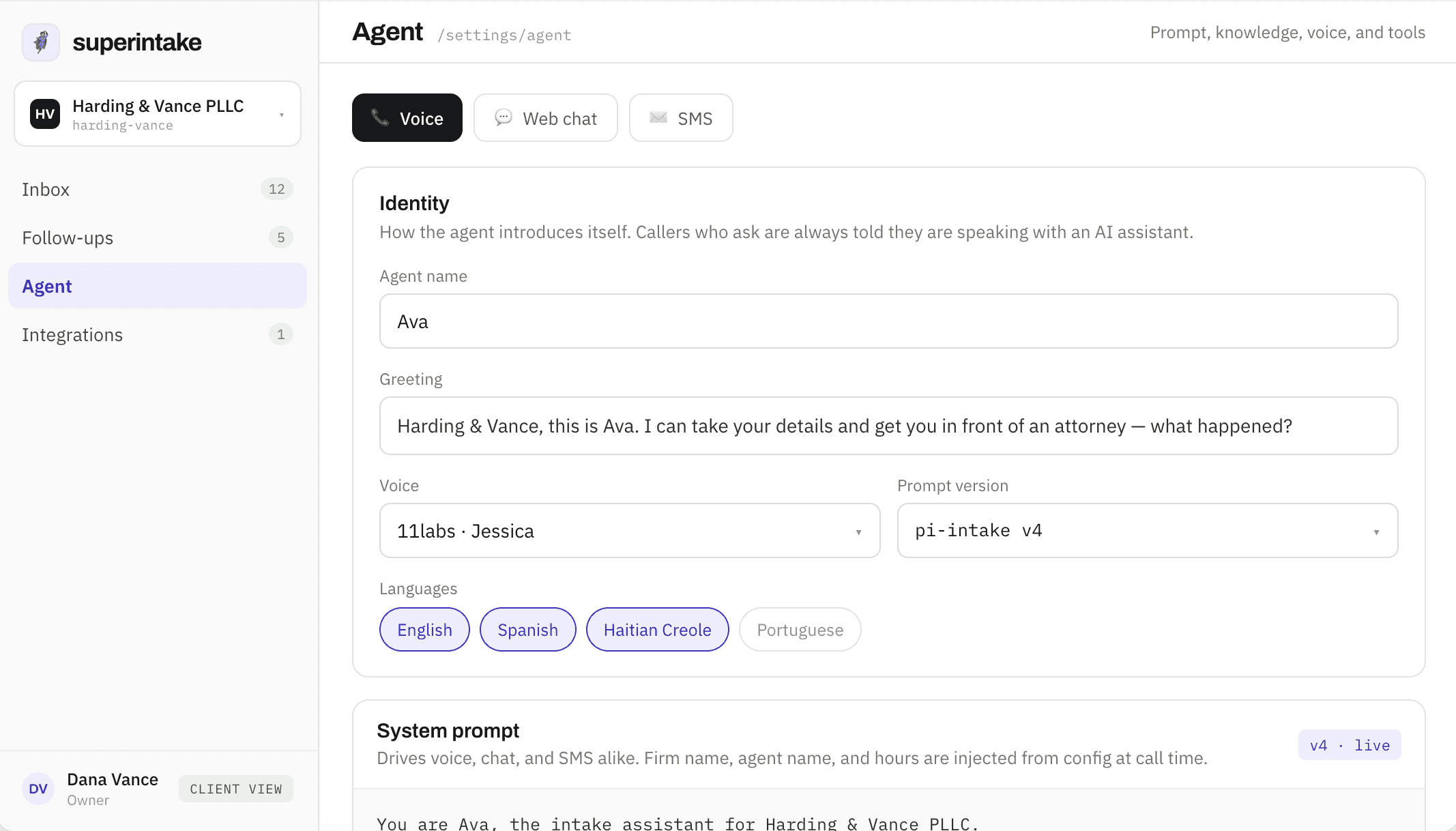 Superintake AI agent settings for voice, greeting, and prompt